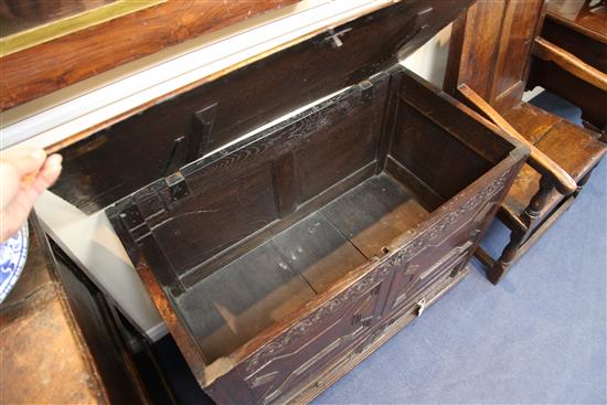 A 17th century oak mule chest, W.3ft 4in. D.1ft 9in. H.2ft 5in.